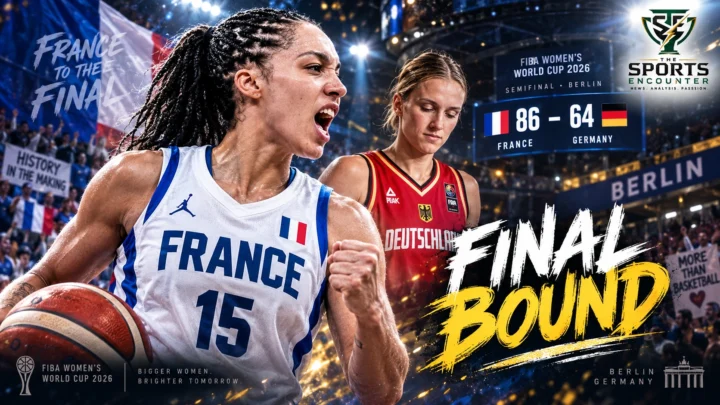Gabby Williams celebrates France’s 86-64 semifinal victory over Germany at the 2026 FIBA Women’s Basketball World Cup in Berlin as France reaches its first World Cup final.