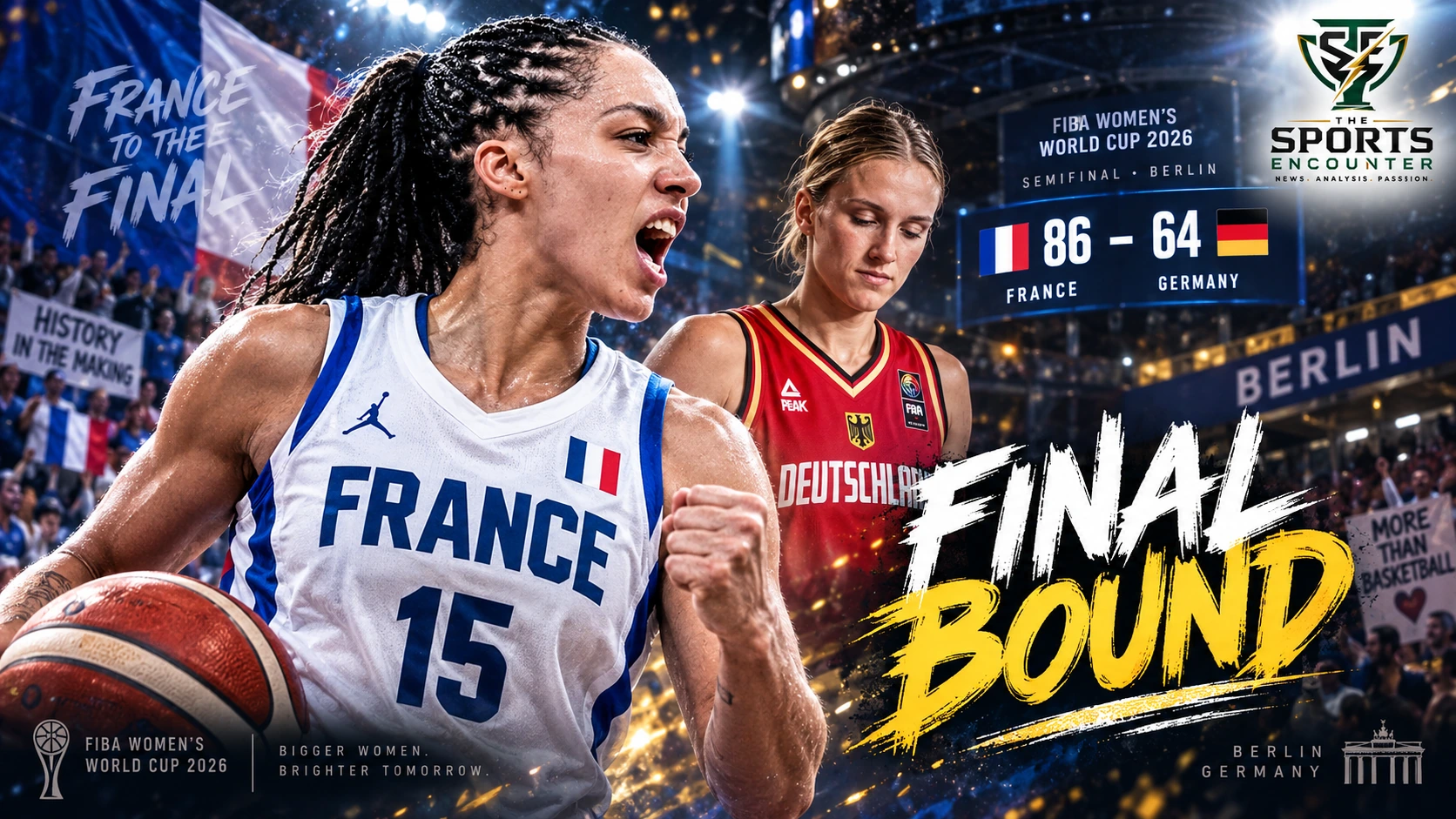 Gabby Williams celebrates France’s 86-64 semifinal victory over Germany at the 2026 FIBA Women’s Basketball World Cup in Berlin as France reaches its first World Cup final.