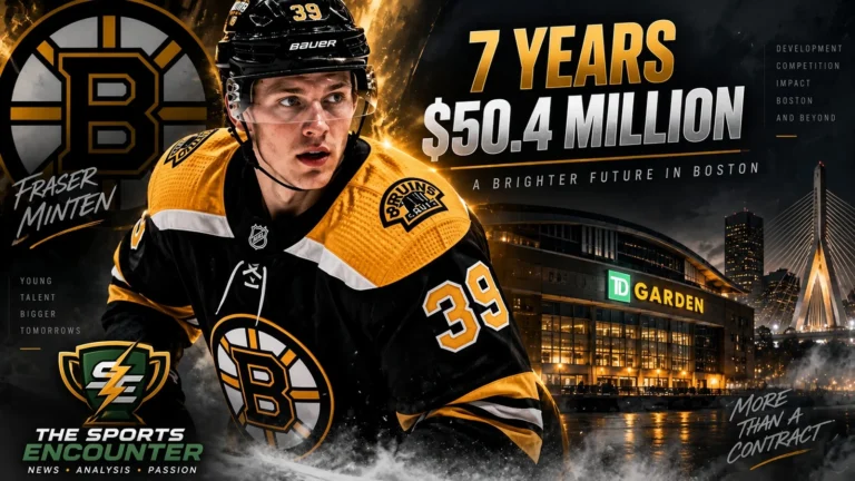 Fraser Minten in Boston Bruins colors after signing a seven-year, $50.4 million contract extension with the team.