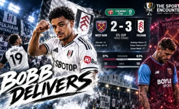 Oscar Bobb celebrates Fulham's decisive goal against West Ham United in their 3-2 Carabao Cup third-round victory at London Stadium.