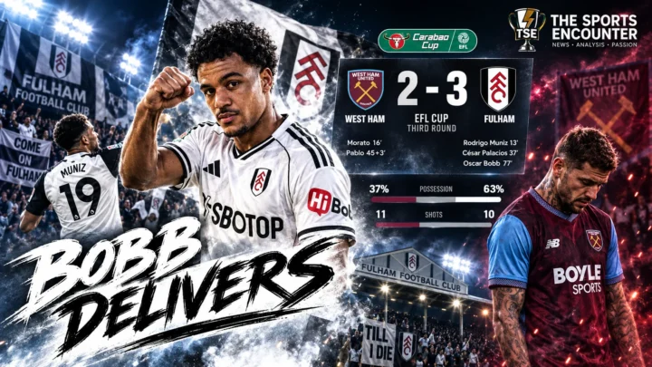 Oscar Bobb celebrates Fulham's decisive goal against West Ham United in their 3-2 Carabao Cup third-round victory at London Stadium.