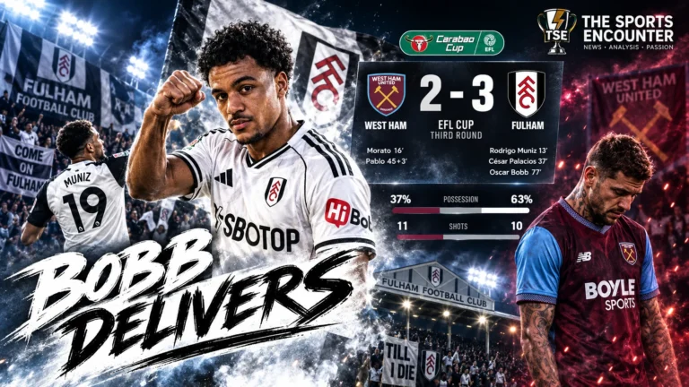 Oscar Bobb celebrates Fulham's decisive goal against West Ham United in their 3-2 Carabao Cup third-round victory at London Stadium.