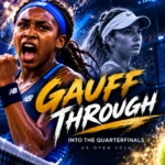 Coco Gauff celebrates during her 6-1, 6-4 victory over Iva Jovic at the 2026 US Open as she advances to the quarterfinals.
