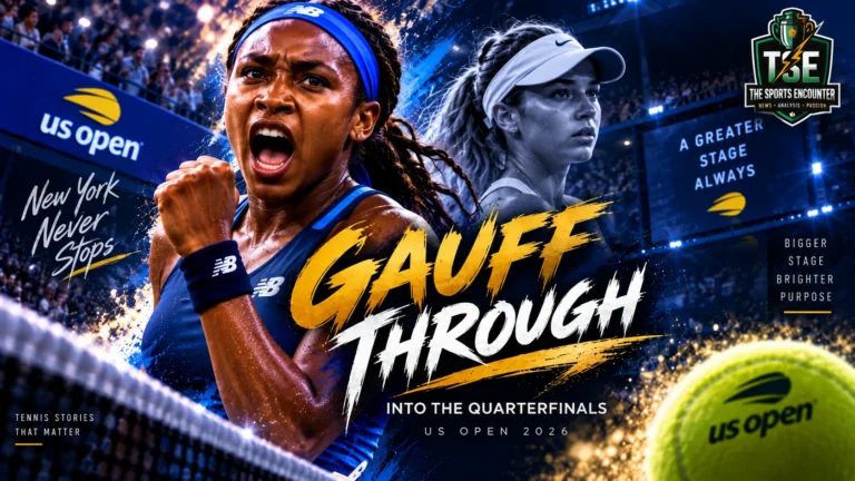Coco Gauff celebrates during her 6-1, 6-4 victory over Iva Jovic at the 2026 US Open as she advances to the quarterfinals.