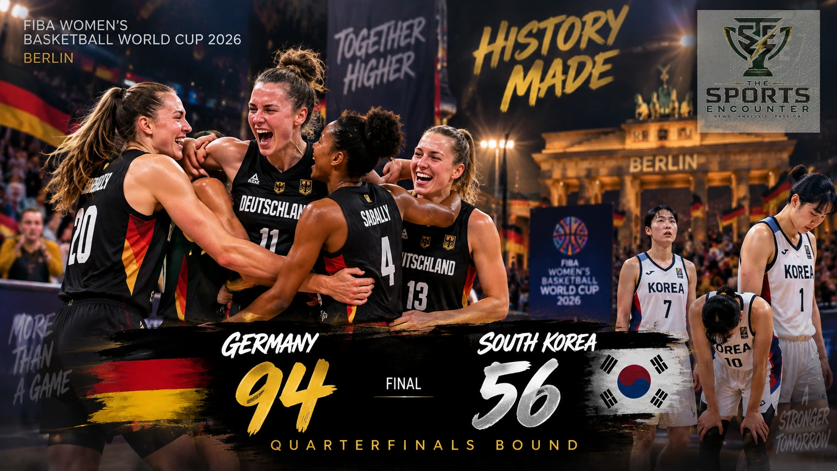 Germany women’s basketball players celebrate after beating South Korea 94-56 in Berlin to reach the FIBA Women’s World Cup quarterfinals for the first time.