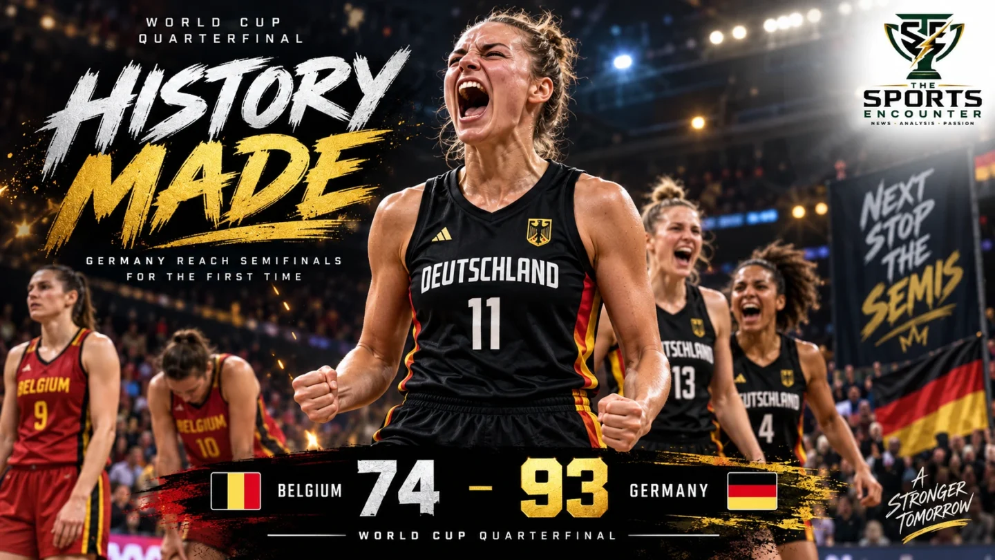 Germany celebrates after defeating Belgium 93-74 in the FIBA Women’s Basketball World Cup 2026 quarterfinal in Berlin.