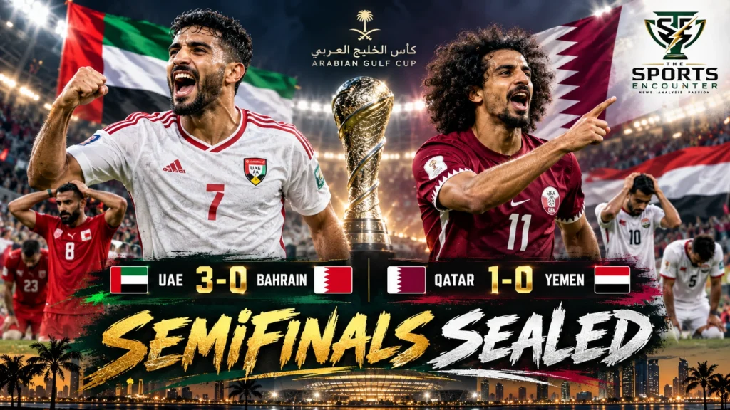 UAE and Qatar players celebrate Gulf Cup 27 semifinal qualification after Sunday wins over Bahrain and Yemen in Jeddah.