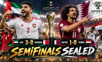 UAE and Qatar players celebrate Gulf Cup 27 semifinal qualification after Sunday wins over Bahrain and Yemen in Jeddah.