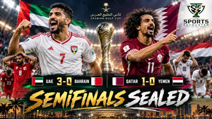 UAE and Qatar players celebrate Gulf Cup 27 semifinal qualification after Sunday wins over Bahrain and Yemen in Jeddah.