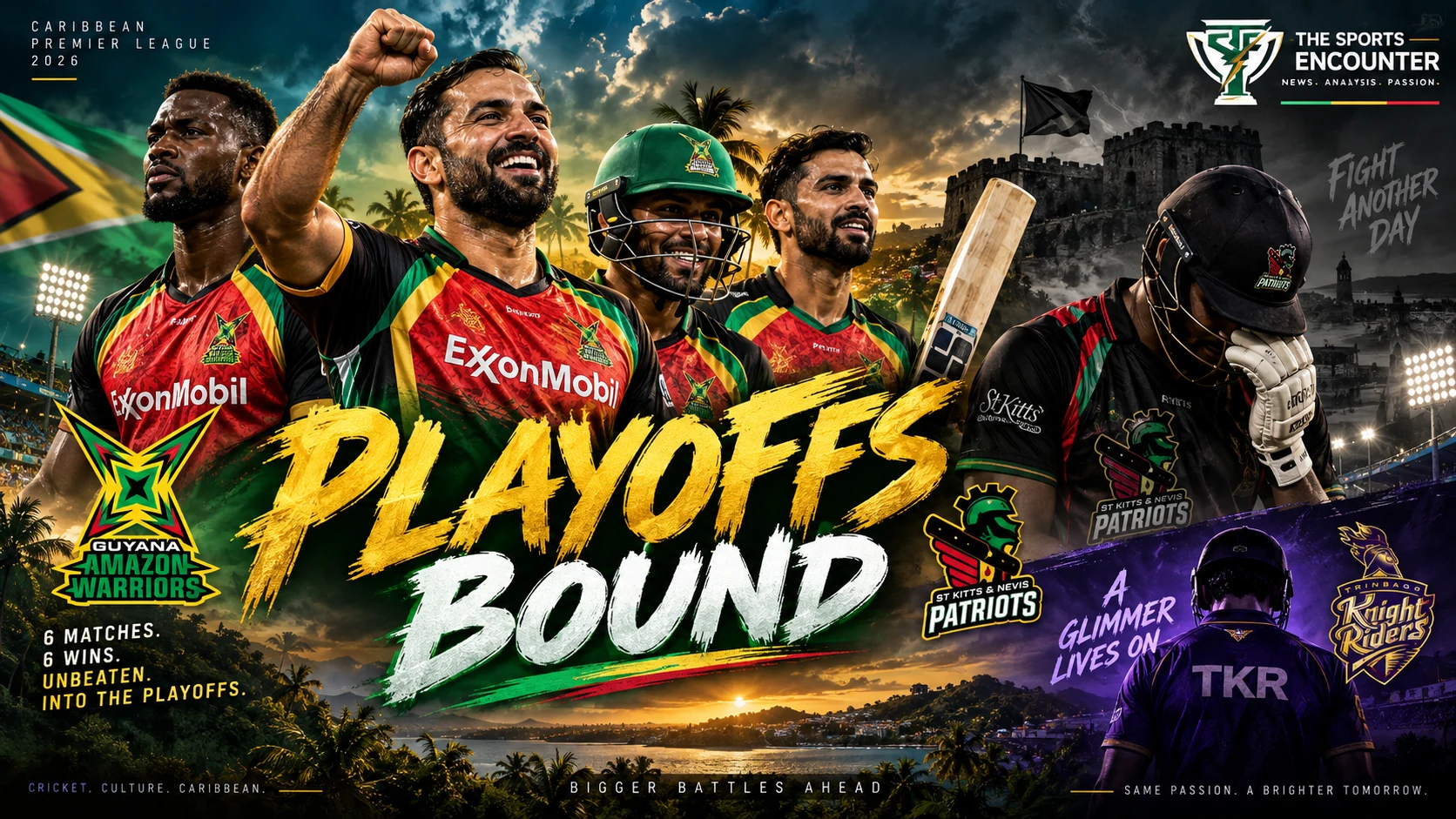 Guyana Amazon Warriors celebrate a seven-wicket win over St Kitts and Nevis Patriots to remain unbeaten at 6-0 and secure a CPL 2026 playoff place.