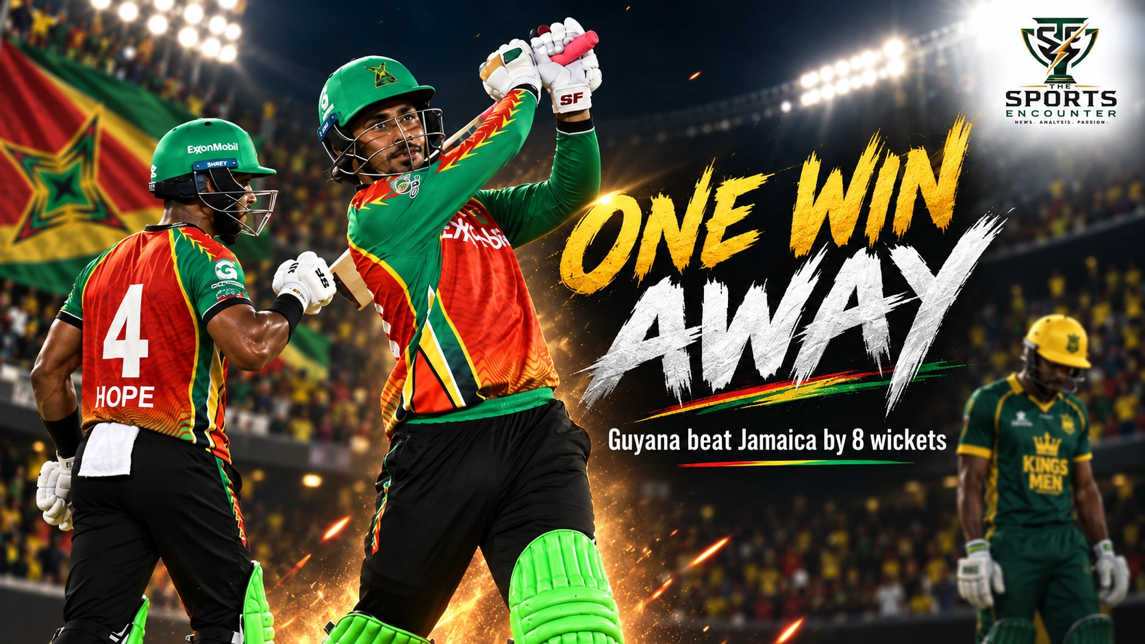 Guyana Amazon Warriors celebrate an eight-wicket win over Jamaica Kingsmen in CPL 2026 Match 26 as the playoff qualification race tightens.