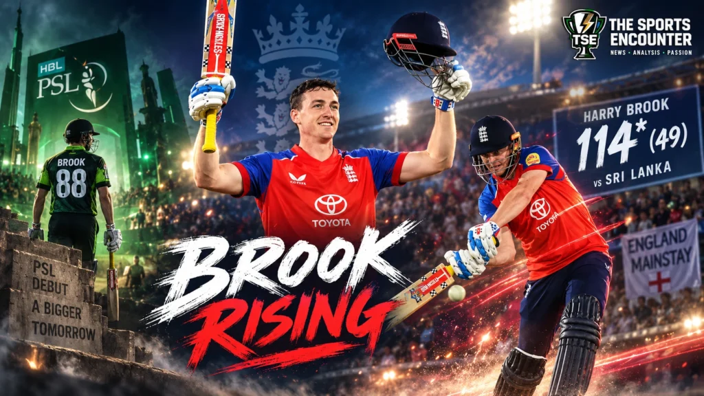 Harry Brook celebrates his 114 off 49 balls for England against Sri Lanka, with PSL imagery and the “Brook Rising” headline highlighting his growing stature in international cricket.