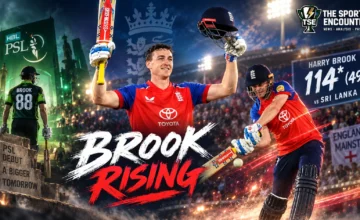 Harry Brook celebrates his 114 off 49 balls for England against Sri Lanka, with PSL imagery and the “Brook Rising” headline highlighting his growing stature in international cricket.