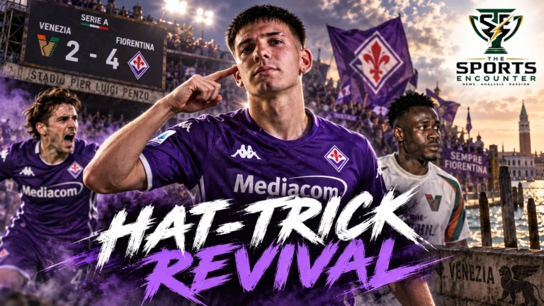 Franco Mastantuono celebrates after scoring a hat-trick in Fiorentina’s 4-2 Serie A victory over Venezia in Venice.