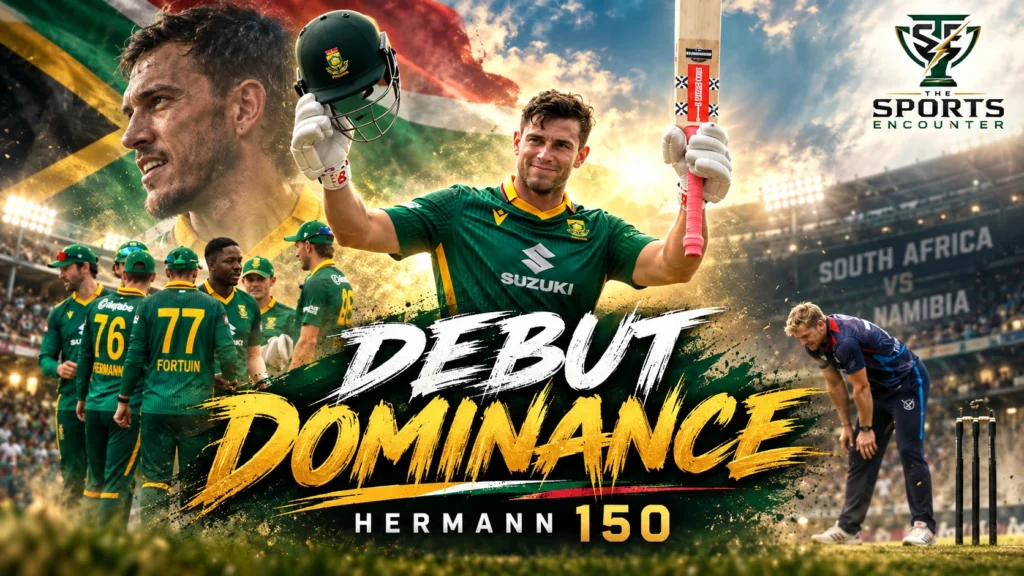 Jordan Hermann celebrates his record-equalling 150 on ODI debut for South Africa against Namibia in Windhoek.