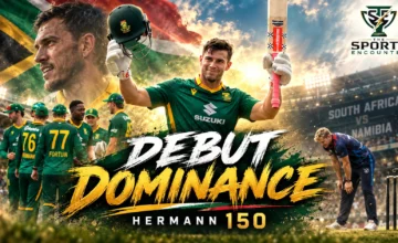 Jordan Hermann celebrates his record-equalling 150 on ODI debut for South Africa against Namibia in Windhoek.