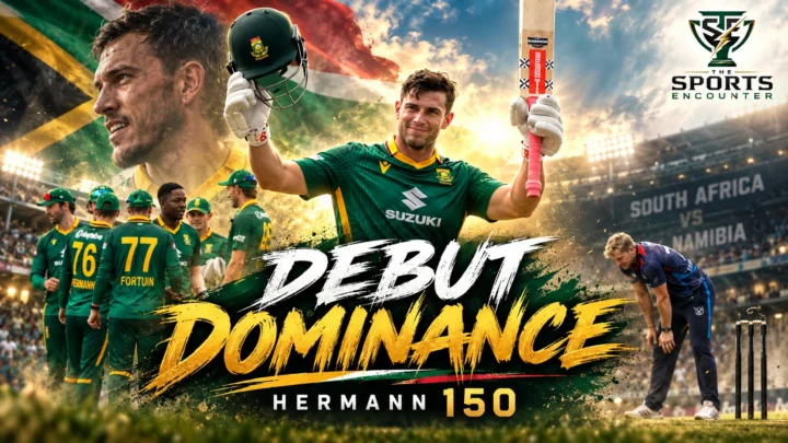 Jordan Hermann celebrates his record-equalling 150 on ODI debut for South Africa against Namibia in Windhoek.