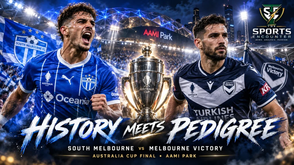 South Melbourne and Melbourne Victory players face off ahead of the sold-out 2026 Australia Cup final at AAMI Park in Melbourne.