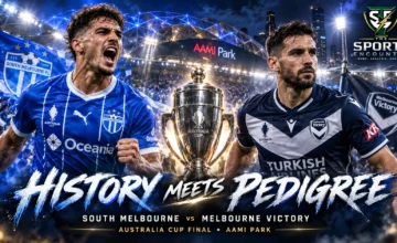 South Melbourne and Melbourne Victory players face off ahead of the sold-out 2026 Australia Cup final at AAMI Park in Melbourne.