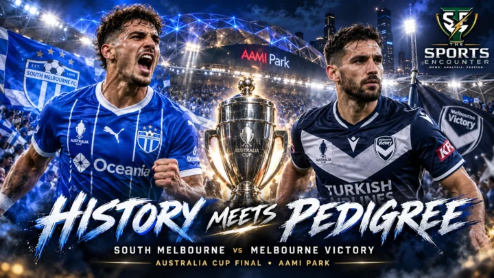 South Melbourne and Melbourne Victory players face off ahead of the sold-out 2026 Australia Cup final at AAMI Park in Melbourne.