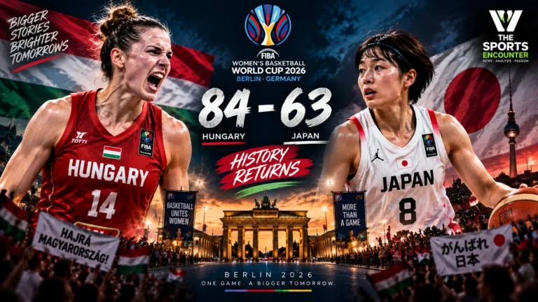Hungary and Japan women’s basketball players during Hungary’s 84-63 FIBA Women’s World Cup 2026 knockout win in Berlin, Germany.