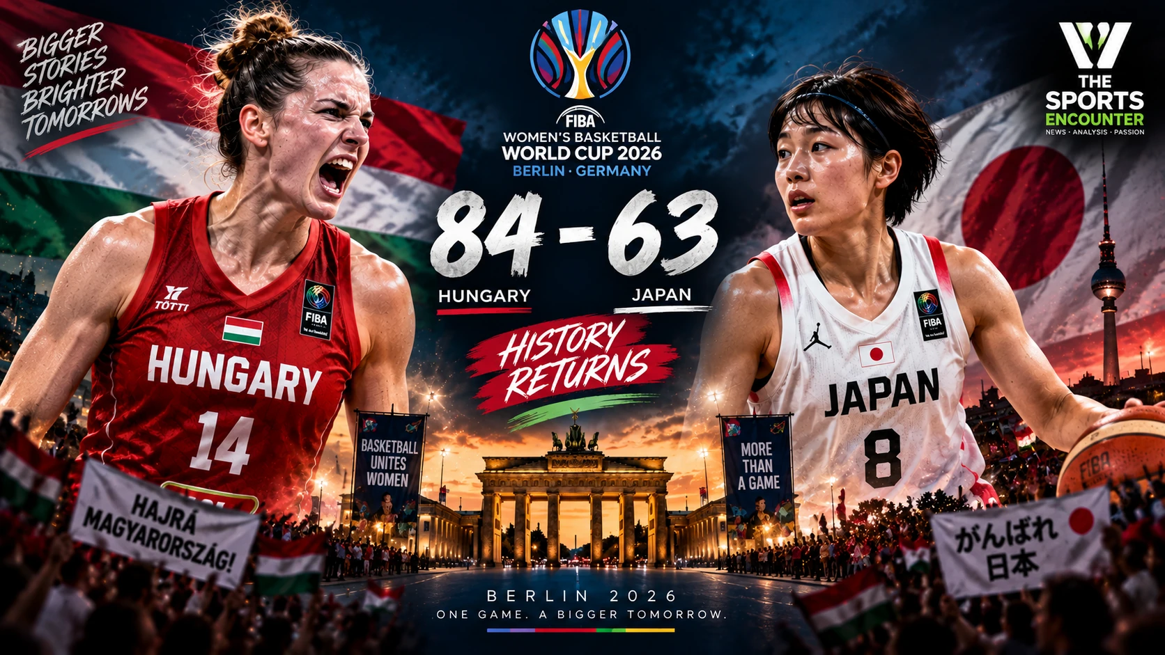 Hungary and Japan women’s basketball players during Hungary’s 84-63 FIBA Women’s World Cup 2026 knockout win in Berlin, Germany.