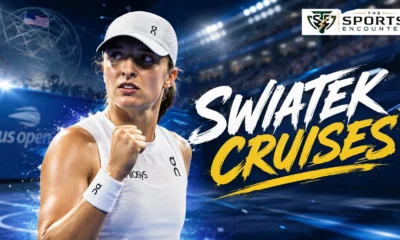 Iga Swiatek celebrates at the 2026 US Open after beating Nadia Podoroska in straight sets and extending her streak to 27 consecutive Grand Slams reaching at least the third round.