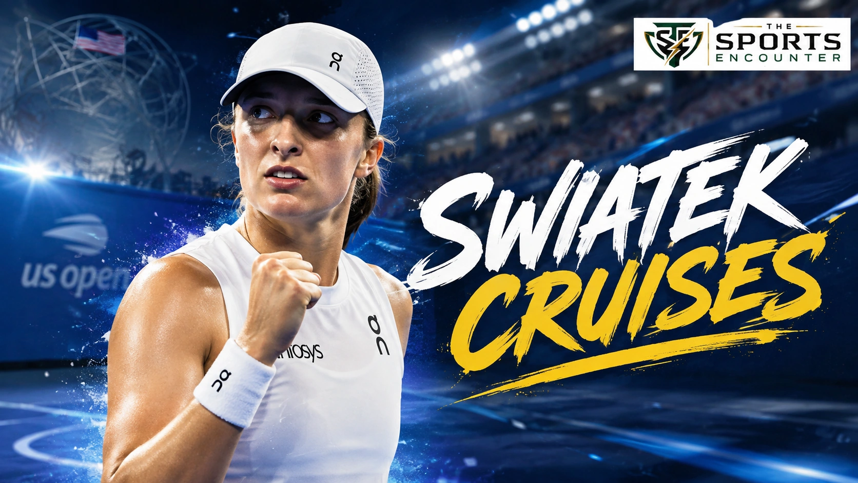 Iga Swiatek celebrates at the 2026 US Open after beating Nadia Podoroska in straight sets and extending her streak to 27 consecutive Grand Slams reaching at least the third round.