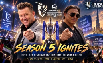 Brett Lee and Shoaib Akhtar appear at the DP World ILT20 Season 5 launch in Dubai as the UAE league unveils its new identity and 2026 tournament plans.