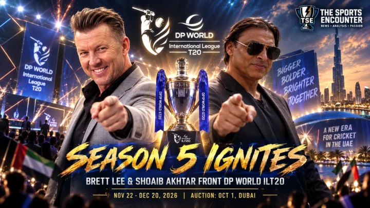 Brett Lee and Shoaib Akhtar appear at the DP World ILT20 Season 5 launch in Dubai as the UAE league unveils its new identity and 2026 tournament plans.