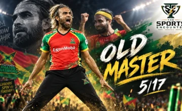 Imran Tahir celebrates a wicket for Guyana Amazon Warriors after taking 5 for 17 against Saint Lucia Kings in CPL 2026 at Providence.