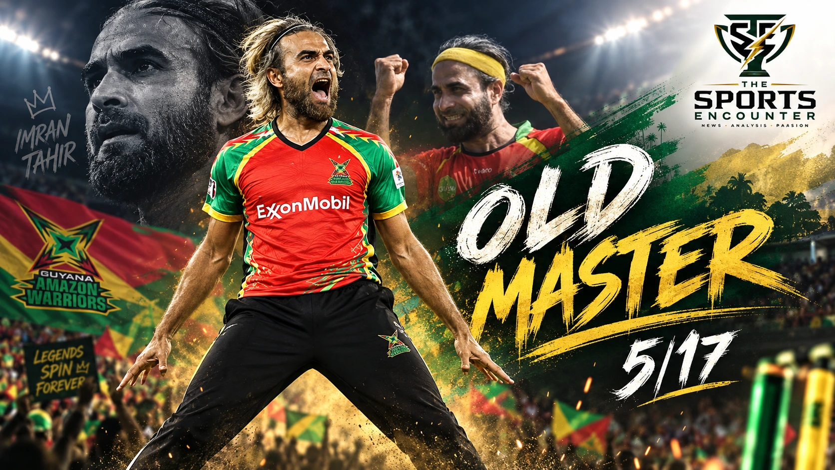 Imran Tahir celebrates a wicket for Guyana Amazon Warriors after taking 5 for 17 against Saint Lucia Kings in CPL 2026 at Providence.