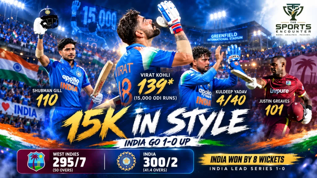 Virat Kohli celebrates his unbeaten 139 and 15,000 ODI runs alongside Shubman Gill and Kuldeep Yadav after India beat West Indies in Thiruvananthapuram.