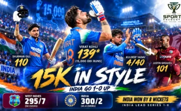Virat Kohli celebrates his unbeaten 139 and 15,000 ODI runs alongside Shubman Gill and Kuldeep Yadav after India beat West Indies in Thiruvananthapuram.