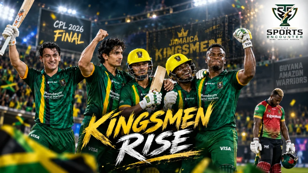 Rovman Powell, Keacy Carty and Jamaica Kingsmen celebrate after chasing 207 against Guyana Amazon Warriors to reach the CPL 2026 final.