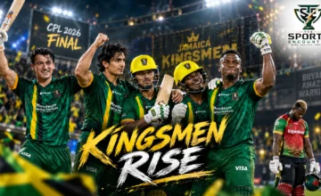 Rovman Powell, Keacy Carty and Jamaica Kingsmen celebrate after chasing 207 against Guyana Amazon Warriors to reach the CPL 2026 final.