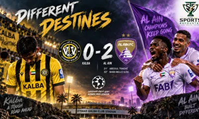 Al Ain players celebrate their 2-0 ADNOC Pro League victory over Kalba after first-half goals from Abdoul Traoré and Baba Bello Ilou.
