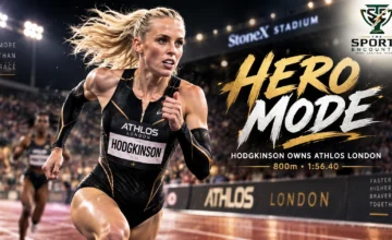 Keely Hodgkinson races in a black hooded speedsuit during her dominant 800m victory at ATHLOS London 2026 at StoneX Stadium.