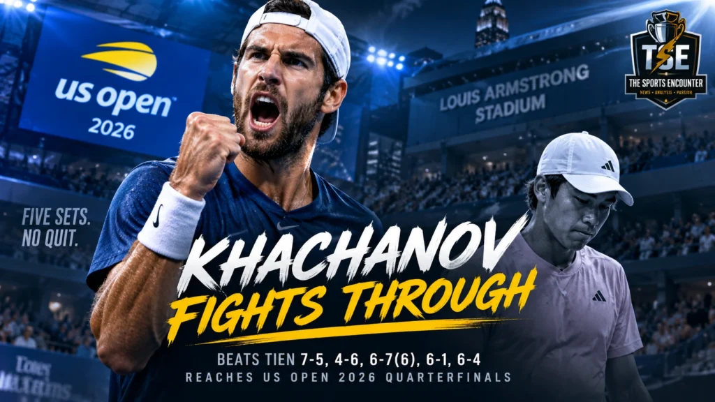 Karen Khachanov celebrates after defeating Learner Tien in a five-set thriller to reach the US Open 2026 quarterfinals.