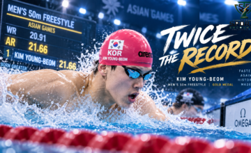 Kim Young-beom powers through the men’s 50m freestyle after breaking the Asian Games record twice and winning gold in 21.66 in Tokyo.