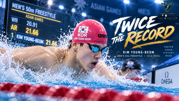 Kim Young-beom powers through the men’s 50m freestyle after breaking the Asian Games record twice and winning gold in 21.66 in Tokyo.