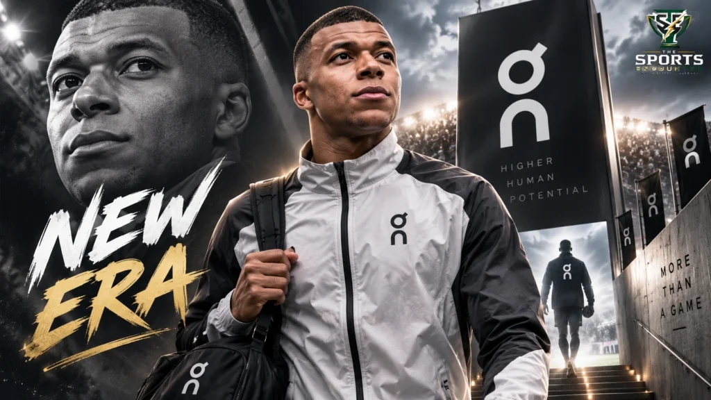 Kylian Mbappé in a football stadium representing his move from Nike to Swiss sportswear brand On as the company enters football.
