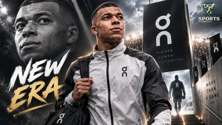 Kylian Mbappé in a football stadium representing his move from Nike to Swiss sportswear brand On as the company enters football.