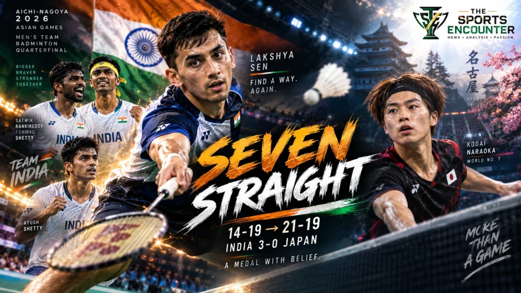 Lakshya Sen celebrates after completing a seven-point comeback against Japan's Kodai Naraoka during India's Asian Games 2026 men's badminton team quarterfinal victory.