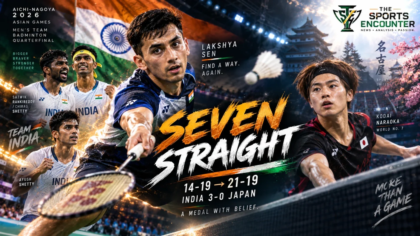 Lakshya Sen celebrates after completing a seven-point comeback against Japan's Kodai Naraoka during India's Asian Games 2026 men's badminton team quarterfinal victory.