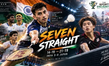 Lakshya Sen celebrates after completing a seven-point comeback against Japan's Kodai Naraoka during India's Asian Games 2026 men's badminton team quarterfinal victory.