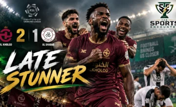 Al Kholood players celebrate their 2-1 Saudi Pro League win over Al Shabab after Abdul Rahman Al Dosari scored an 87th-minute winner.
