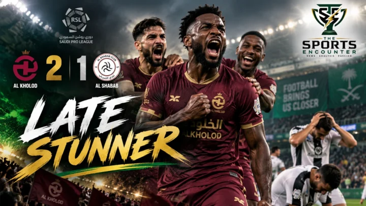 Al Kholood players celebrate their 2-1 Saudi Pro League win over Al Shabab after Abdul Rahman Al Dosari scored an 87th-minute winner.