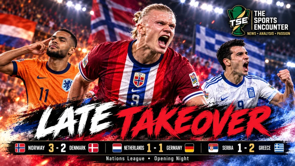 Erling Haaland, Cody Gakpo and Greece players feature in a UEFA Nations League Matchday 1 graphic highlighting Norway’s 3-2 win over Denmark and the night’s decisive late goals.