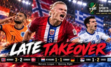 Erling Haaland, Cody Gakpo and Greece players feature in a UEFA Nations League Matchday 1 graphic highlighting Norway’s 3-2 win over Denmark and the night’s decisive late goals.